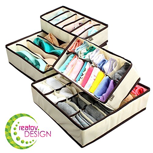 Underwear Sock Drawer Closet Organizer – Set of 4 Collapsible Beige Fabric Foldable Storage Boxes Draw Organizers Divider for Panties Bra Socks Tie Belt Lingerie Clothing Fits Under Bed Drawer Closet