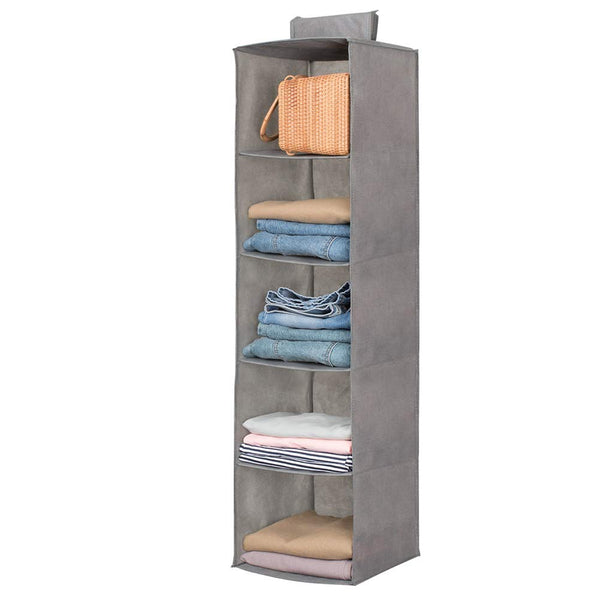 Hanging Closet Organizer,Sweater & sock Organizer with a Hook and Loops,Collapsible Storage Shelves for Clothes, pants and Shoes (Grey-5 Shelf)