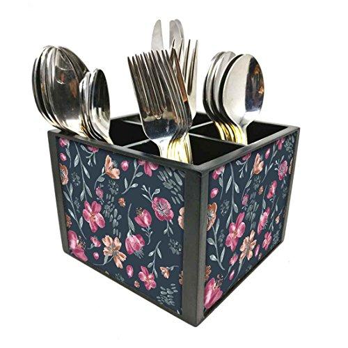 Nutcase Designer Cutlery Stand Holder Silverware Caddy-Spoons Forks Knives Organizer for Dining Table & kitchen W-5.75"x H -4.25"x L-5.5" - Cute Baby Flowers Gray