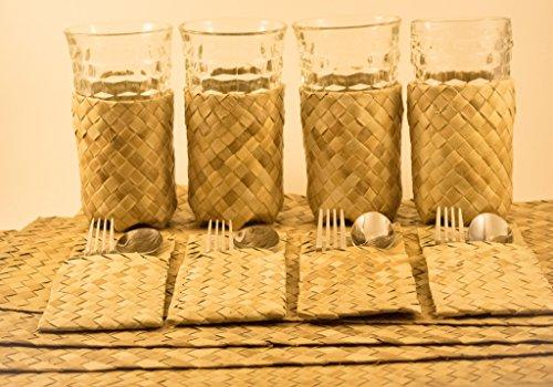 Lauhala Dining Place Settings Set of 4 (Placemats, Utensils Organizer & Glass holder)