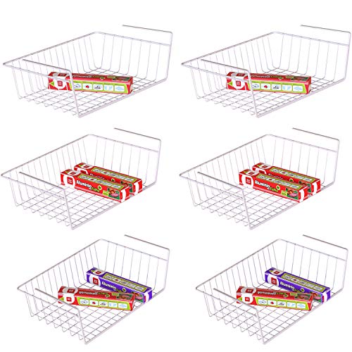 Under Shelf Basket, iSPECLE 6 Pack White Wire Rack, Slides Under Shelves For Storage, Easy to Install