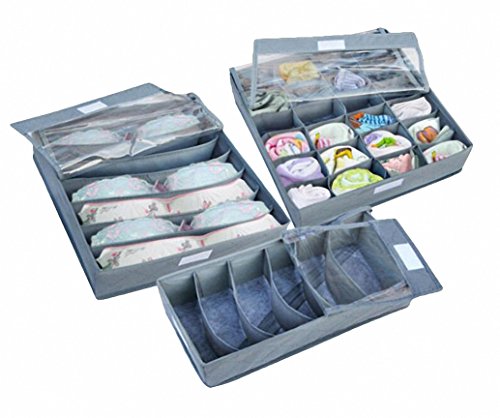 uxART Socks Ties Bra Underwear Organizer Drawer Divider with Cover 3 Set,Closet Bamboo Charcoal Fibre Foldable Dustproof Storage Box - Grey