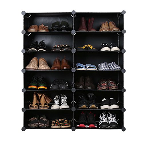 UNICOO - Multi Use DIY Plastic 12 Cube Shoe Rack,Organizer, Bookcase, Shoes Cabinet (2×6, Black with White Doors)