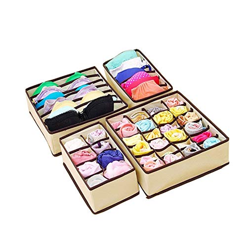 Wagsuyun Foldable Cloth Storage Boxes Drawer Dividers Closet Organizer Set of 4 for Underwear Bras (Color : Beige)