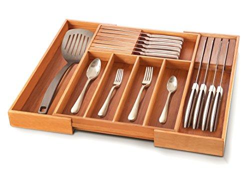 Premium Bamboo Utensil Drawer Organizer - Expandable Cutlery Tray Silverware Holder with 2 Removable Knife Blocks