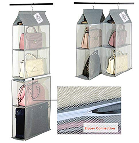 Detachable 6 Compartment Organizer Pouch Hanging Handbag Organizer Purse Bag Collection Storage Holder Wardrobe Closet Space Saving Organizers System For Living Room Bedroom Home Use (Grey)