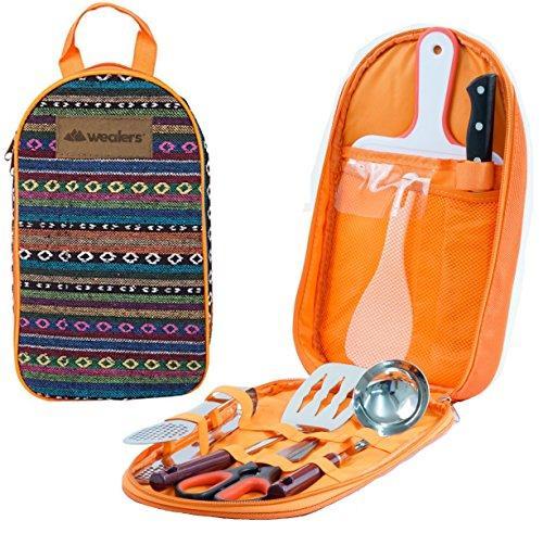 Camp Kitchen Utensil Organizer Travel Set - Portable 8 Piece BBQ Camping Cookware Utensils Travel Kit with Water Resistant Case|Cutting Board|Rice Paddle|Tongs|Scissors|Knife and Bottle Opener - adtwixt