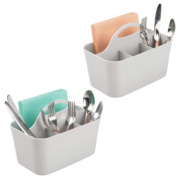 mDesign Plastic Cutlery Storage Organizer Caddy Tote Bin with Handle for Kitchen Cabinet or Pantry - Organizer for Forks, Knives, Spoons, Napkins - Indoor or Outdoor Use, 2 Pack - Light Gray