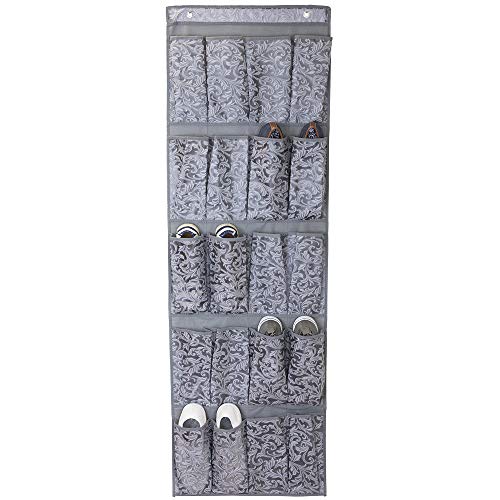 Home Basics Grey Damask Collection Non-Woven Storage and Organization (20 Pocket Over The Door Shoe Holder)