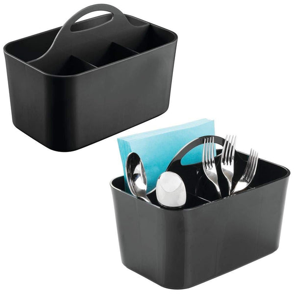 mDesign Plastic Cutlery Storage Organizer Caddy Bin - Tote with Handle - Kitchen Cabinet or Pantry - Basket Organizer for Forks, Knives, Spoons, Napkins - Indoor or Outdoor Use - 2 Pack, Black