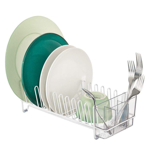 mDesign Compact Modern Kitchen Countertop, Sink Dish Drying Rack, Removable Cutlery Tray - Drain and Dry Wine Glasses, Bowls and Dishes - Metal Wire Drainer in White with Clear Caddy