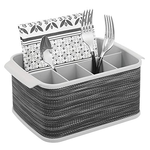 mDesign Plastic Cutlery Storage Organizer Caddy Tote Bin with Handles for Kitchen Cabinet or Pantry - Holds Forks, Knives, Spoons, Napkins - Indoor or Outdoor Use, Woven Accent - Gray/Charcoal Gray