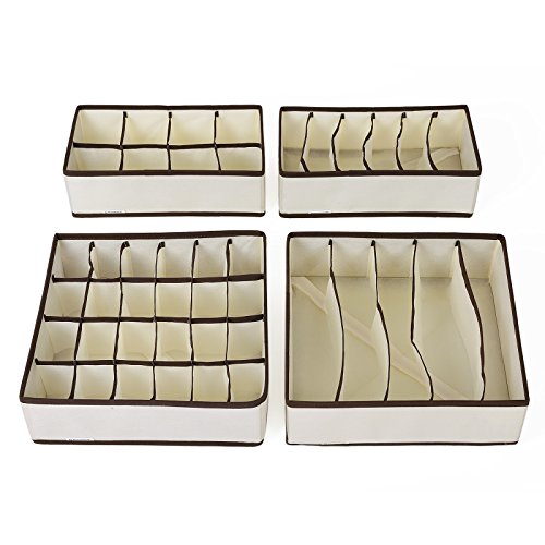 SONGMICS Closet Underwear Organizer Drawer Divider for Bras Panties Socks Ties, Set of 4, Beige URUS04M