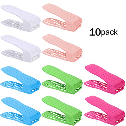 Corodo Shoe Slots Space Saver, Adjustable Shoe Slots Organizer, Plastic Shoe Slot Holder 10 Pack (Total 5 Colors, Each Color 2 Pack) with 1 Piece Mini Wooden Shoe Horn