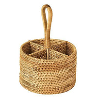 Handweaved Rattan 4 Compartments Storage Box Cosmetics Organizer Utensil and Bottle Serving Basket (200mm 4-compartment Round Box with Handle)