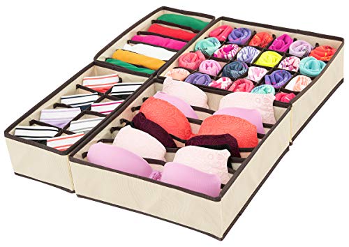 Ziz Home Closet Underwear Organizer, 4 Pack, Beige | Collapsible Foldable Cloth Storage Box, Dresser Drawer Divider Set, Cube Basket Bins Containers for Lingerie, Clothes, Bras, Socks, Ties, Scarves