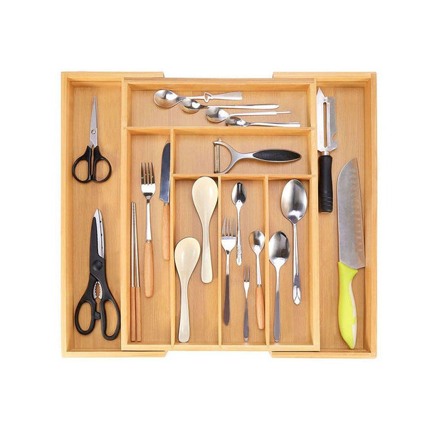 Cutlery Tray Kitchen Utensil Drawer - Bamboo 6 Slot Silverware Drawer Dividers - Storage Wooden Organizer Flatware Holder