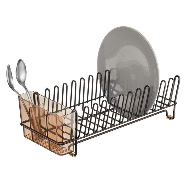 mDesign Compact Modern Kitchen Countertop, Sink Dish Drying Rack, Removable Cutlery Tray - Drain and Dry Wine Glasses, Bowls and Dishes - Metal Wire Drainer in Bronze with Amber Brown Caddy