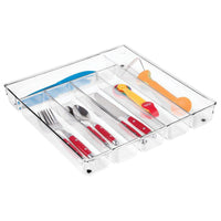 mDesign Compact Slim Plastic Kitchen Drawer Organizer Tray with 6 Divided Compartments for Storing Cutlery, Silverware, Flatware, Serving Utensils, Gadgets - Clear