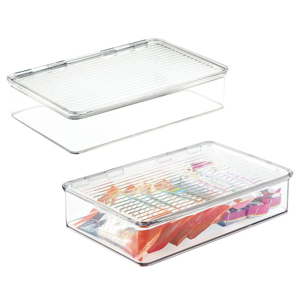 mDesign Stackable Kitchen Pantry Cabinet or Refrigerator Storage Organizers, Attached Hinged Lids - Compact Bins for Pantry, Refrigerator, Freezer - BPA Free, Food Safe - Pack of 2, Clear