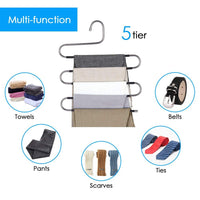 FFHL Pants Hangers S Type,5 Layers Non Slip with Silicone Stainless Steel Rack, for Dress,Jeans, Slacks, Towels, Scarfs, Ties Multi Clothes Cascading, 80% Space Saver,(14.17 x 14.96ins)(4 Pack)