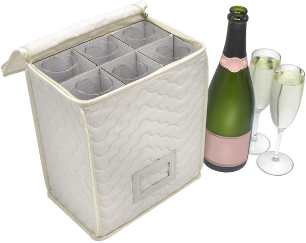 Sorbus Champagne Flute Storage Chest - Deluxe Quilted Case with Dividers - Service for 6 – Great glassware storage for Protecting or Transporting Champagne Flute Glasses (Storage Flute - Beige)