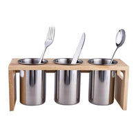 Flatware Organizer Caddy with Wood Base SUS304 Stainless Steel Cutlery Utensil Holder for Kitchen Countertop
