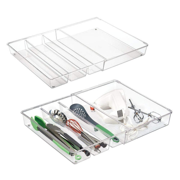 mDesign Adjustable, Expandable 4 Compartment Kitchen Cabinet Drawer Organizer - Divided Sections for Cutlery, Serving Spoons, Cooking Utensils, Gadgets - BPA Free, Food Safe, 3" Deep - 2 Pack - Clear