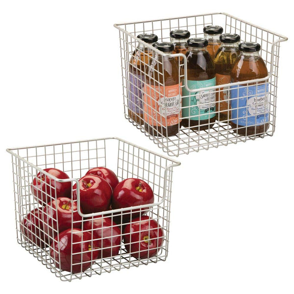 mDesign Metal Wire Open Front Organizer Basket for Kitchen Pantry, Cabinet, Shelf - Holds Canned Goods, Baking Supplies, Boxed Food Mixes, Fruits, Vegetables, Snacks - 10" Wide, 2 Pack - Matte Satin