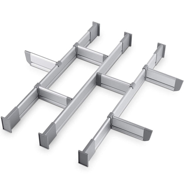 Practical Comfort Adjustable Drawer Organizer | 9 Drawer Dividers (3 Long + 6 Short), Large 19.7" - 22" deep | Customizable, Elegant Aluminum, for Clutter Free Kitchen, Junk Drawer, Office, Clinic