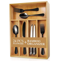 Teivio 20-Piece Silverware Set, Flatware Set Mirror Polished, Dishwasher Safe Service for 4, Include Knife/Fork/Spoon with Bamboo 5-Compartment Silverware Drawer Organizer Box