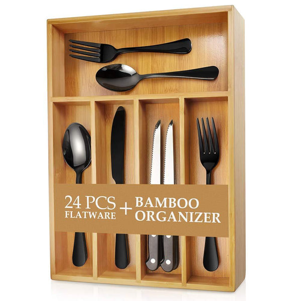 Teivio 20-Piece Silverware Set, Flatware Set Mirror Polished, Dishwasher Safe Service for 4, Include Knife/Fork/Spoon with Bamboo 5-Compartment Silverware Drawer Organizer Box