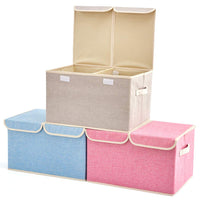 Large Storage Boxes [3-Pack] EZOWare Large Linen Fabric Foldable Storage Cubes Bin Box Containers with Lid and Handles for Nursery, Closet, Kids Room, Toys, Baby Products (Beige)
