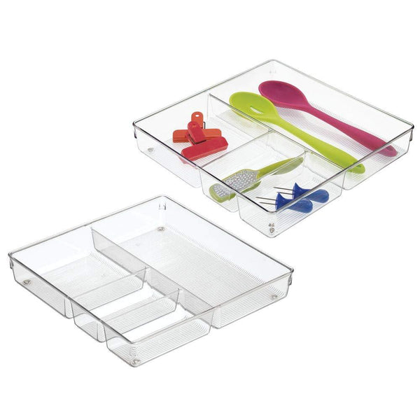 mDesign Square 4 Compartment Kitchen Cabinet Drawer Organizer Tray - Divided Sections for Cutlery, Serving Spoons, Cooking Utensils, Gadgets - BPA Free, Food Safe, 2" Deep, Pack of 2, Clear