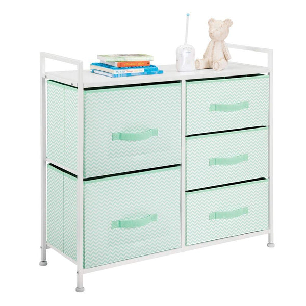 mDesign Wide Dresser Storage Tower Furniture - Metal Frame, Wood Top, Easy Pull Fabric Bins - Organizer for Kid's Bedroom, Hallway, Entryway, Closet, Dorm - Chevron Print, 5 Drawers - Mint Green/White