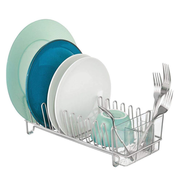 mDesign Compact Modern Kitchen Countertop, Sink Dish Drying Rack, Removable Cutlery Tray - Drain and Dry Wine Glasses, Bowls and Dishes - Metal Wire Drainer in Chrome with Clear Caddy