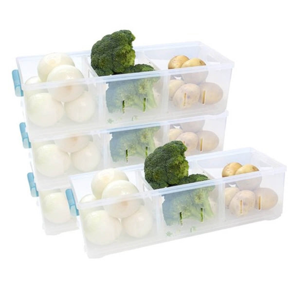 Upgraded Edition Stackable Kitchen Storage Organizer Bins for Refrigerators Freezers Cabinets Pantries With Handle, Divider, Rectangle Sliding Refrigerator Storage Basket Bins Tray, Clear (Pack of 4)