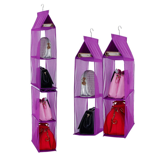 Detachable 6 Compartment Organizer Pouch Hanging Handbag Organizer Clear Purse Bag Collection Storage Holder Wardrobe Closet Space Saving Organizers System for Living Room Bedroom Home Use (Purple)