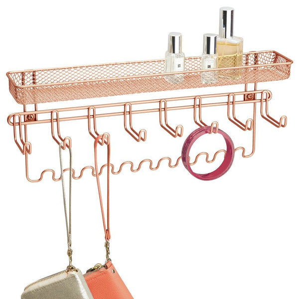 mDesign Decorative Metal Closet Wall Mount Jewelry Accessory Organizer for Storage of Necklaces, Bracelets, Rings, Earrings, Sunglasses, Wallets - 8 Large /11 Small Hooks, 1 Basket - Rose Gold