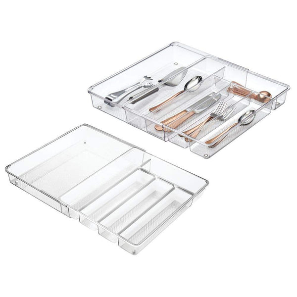 mDesign Adjustable, Expandable Plastic Kitchen Cabinet Drawer Storage Organizer Tray - for Storing Organizing Cutlery, Spoons, Cooking Utensils, Gadgets - 2" High, 2 Pack - Clear