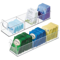 mDesign Kitchen Plastic Pantry, Cabinet, Countertop Organizer Storage Station Tea Caddy Holder - For Beverage Bags, Sweeter, Individual Packets - 12" x 3" x 3" - 2 Pack - Clear