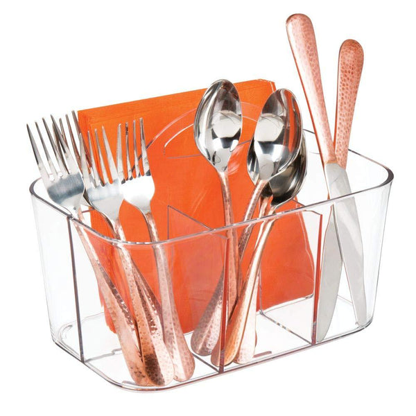 mDesign Plastic Cutlery Storage Organizer Caddy Bin - Tote with Handle - Kitchen Cabinet or Pantry - Basket Organizer for Forks, Knives, Spoons, Napkins - Indoor or Outdoor Use, Small - Clear