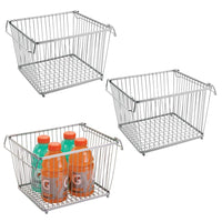 mDesign Household Stackable Wire Storage Organizer Bin Basket with Built-In Handles for Kitchen Cabinets, Pantry, Closets, Bedrooms, Bathrooms � Large, Pack of 3, Steel in Durable Silver Finish