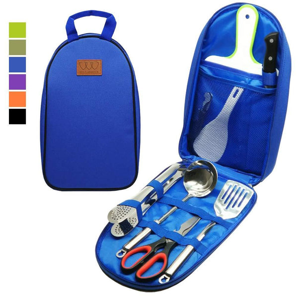 8Pcs Camping Cookware Kitchen Utensil Organizer Travel Accessories Set - Portable BBQ Camp Cookware Utensils Travel Kit with Water Resistant Case, Cutting Board, Rice Paddle, Tongs, Scissors, Knife