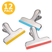 Explore 12 pack chip bag clips covered with silicone no more sharp edges color coded with 3 different colors perfect for good grips food bags and chip bags air tight seal heavy duty 3 inches wide