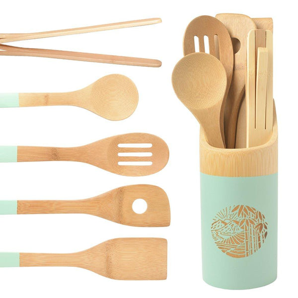 Organic 6 Piece Bamboo Cooking & Serving Utensils Set | Kitchen Accessories Kit In Colorful Utensil Holder | Spoon & Spatula & Salad Tong Mix | Space-Saving Wood Kitchen Gadgets Set | By laboos