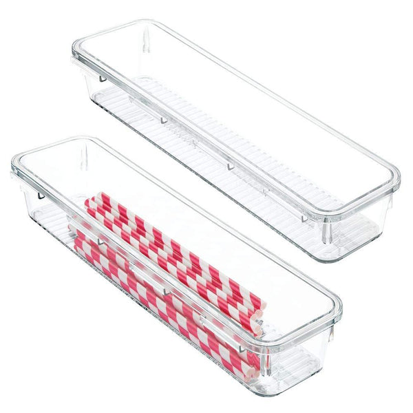mDesign Kitchen Interlocking Plastic Drawers Storage Organizers Tray Bin for Organizing Silverware, Utensils, Gadgets, Spatulas, Spoons, Measuring Cups - Pack of 2, 6" x 12" x 2", Clear