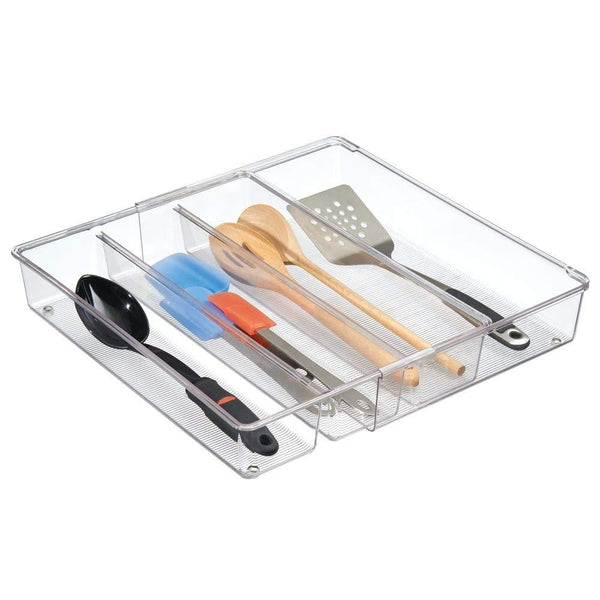 mDesign Adjustable, Expandable 4 Compartment Kitchen Cabinet Drawer Organizer Tray - Divided Sections for Cutlery, Serving Spoons, Cooking Utensils, Gadgets - BPA Free, Food Safe, 3" Deep - Clear