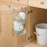 New mdesign metal over cabinet kitchen storage organizer holder or basket hang over cabinet doors in kitchen pantry holds up to 50 plastic shopping bags silver
