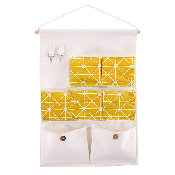 Shiaon Wall Door Closet Storage Bag Cloth Bedroom Space Saver Bath Multi-Layer Hanging Organizer(7 Pockets，2 Hooks) Wooden Stick and Linen Cotton Fabric Green